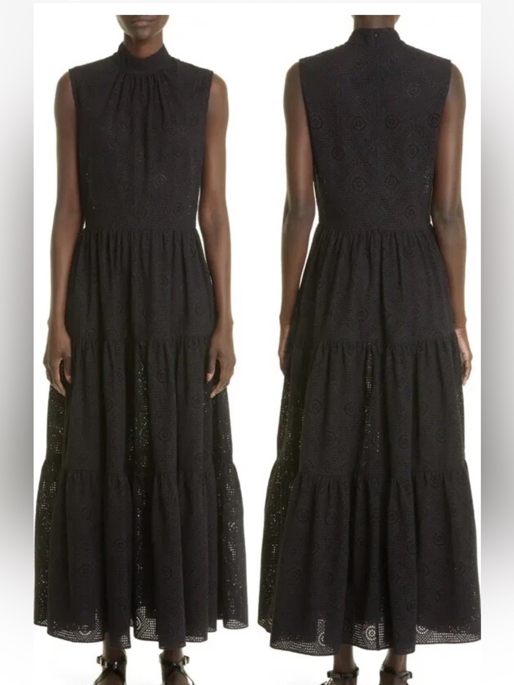 NWT Adam Lippes Sleeveless Tiered Eyelet Detail Mock Neck Dress Black size 6